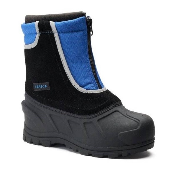 Boys Winter Snow Boots Kids 1 Itasca Black Blue Waterproof Zip Removeable Liner - Picture 1 of 5